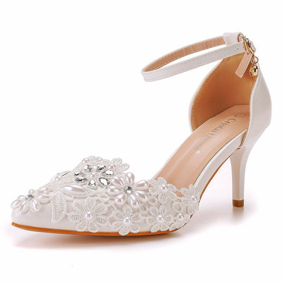 Women White Lace Flower Wedding Shoes