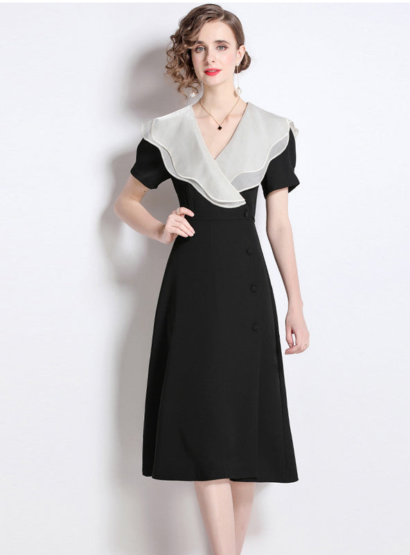 V neck Vintage Flounce Lapel Dress