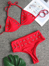 Red High Waist Rivet Decorated Bikini