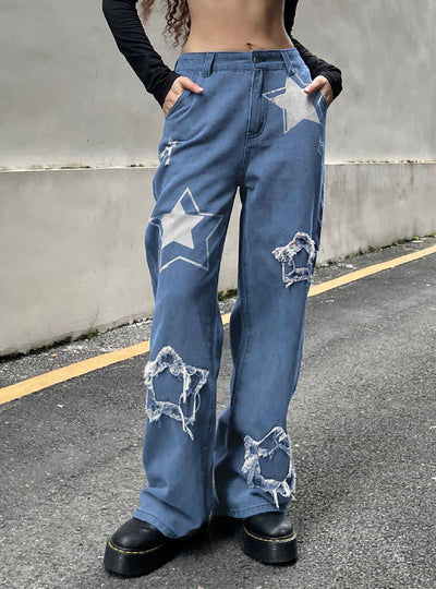 Star Patch Stitching High Waist Jeans