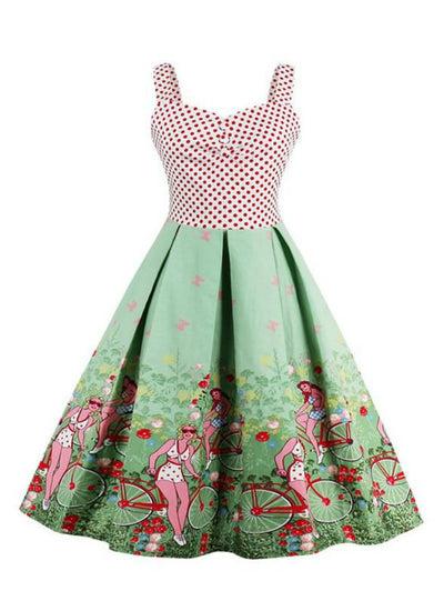 Rockabilly Sleeveless Polka Dot Floral Print