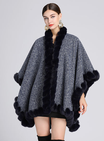 Rabbit Fur Collar Shawl Cape Loose Large Size Knitted Cardigan