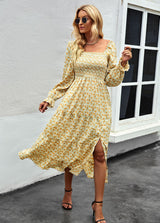 Retro Square Collar Printed Holiday Style Dress