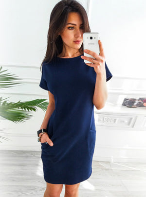O-neck Short Sleeve Solid Party Dress Loose Straight 