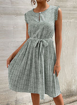 Casual Sleeveless Lace-up Pleated Floral Dress