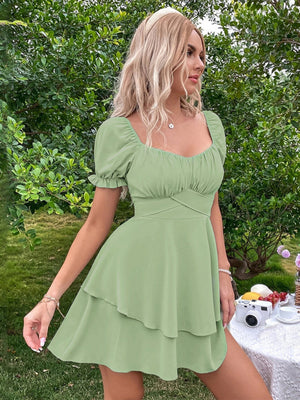 Slim-fit Bubble Sleeve Green Dress