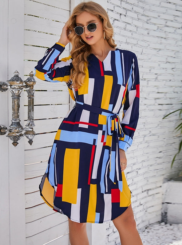 Large Size Collar Color Block Belt Design Dress