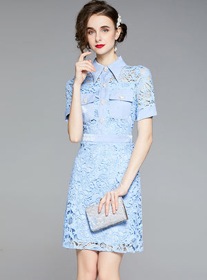 Blue Crochet Hollow Lace Dress