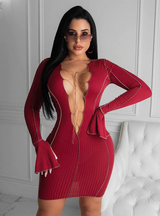 Lace Up Deep V Neck Ribbed Long Sleeve Bodycon Dresses