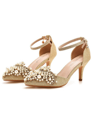 7 cm Thin-heeled Pointed Beaded Sandals