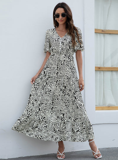 V-neck Fashion Printed Flounce Dress