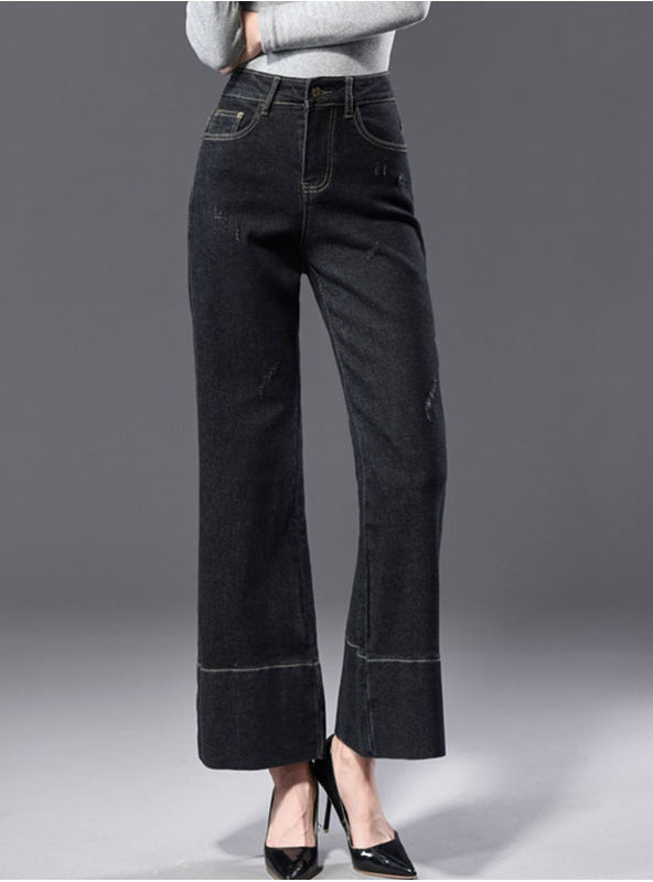 Bottom Stripe Wide Leg Black Capris Jeans