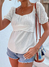 Lace Chiffon Square Collar Short Sleeve Shirt