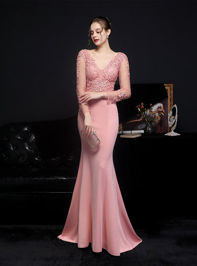 Long Sleeve V-neck Appliques Prom Dress