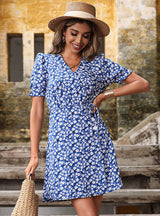 Floral High Waist Slim V-neck Dress