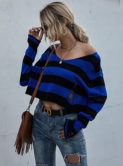 V-neck Loose Short Ripped Sweater