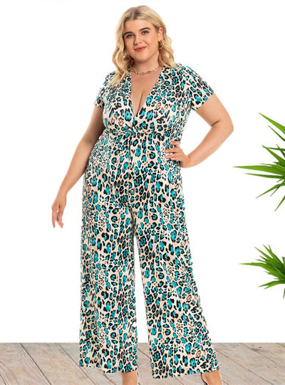 V-neck Knotted Leopard Wide Leg Jumpsuit