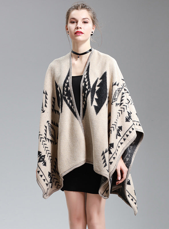 Women's Jacquard Shawl Long Knitted Cardigan