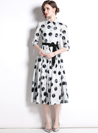 Polka Dot Lapel Short Sleeves Dress