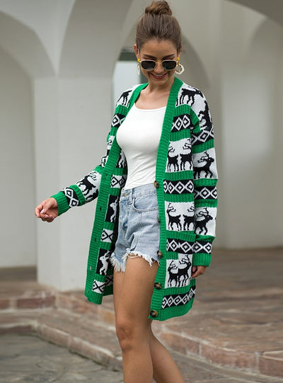 Long Christmas Deer Cardigan Sweater Coat