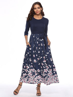 Round Neck Cropped Sleeve Long Printed Dress
