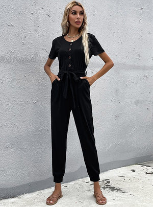 Slim-fit Button Leg Pants Black Jumpsuit