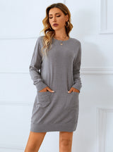 Solid Color Long Sleeve Round Neck Loose Dress