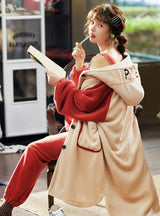 Three-piece Suit Long Robe Warm Coral Velvet Suspender Trousers