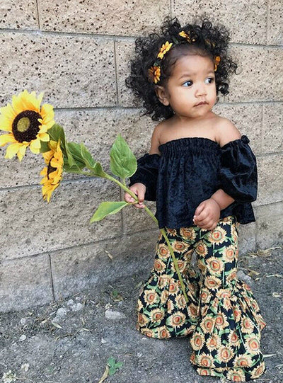Off shoulder Tank Tops +Sunflower Bell Bottom