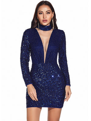 Retro Long-sleeved High Neck Sequined Dress