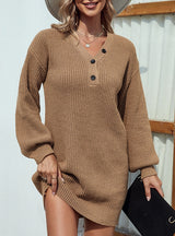 Solid Color V-neck Button Lantern Sleeve Sweater