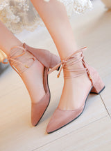 Women Sandals Lace Up Pumps Pointed Toe Square Heeled 