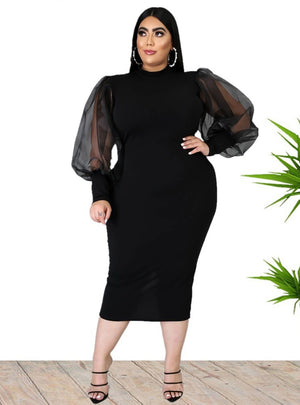 Round Neck Slim Puffy Sleeve Long Dress