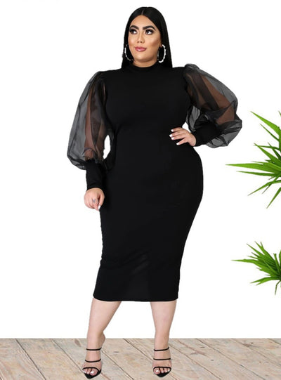 Round Neck Slim Puffy Sleeve Long Dress