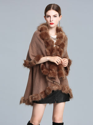 Fox-like Fur Collar Shawl Cape Knitted Cardigan