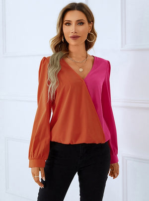 Fashion Color Matching V-neck Long Sleeve Shirt