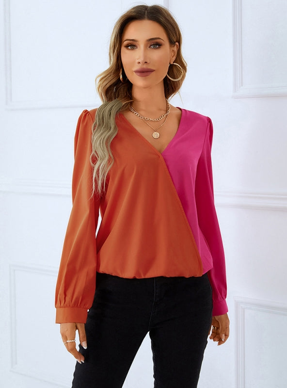 Fashion Color Matching V-neck Long Sleeve Shirt