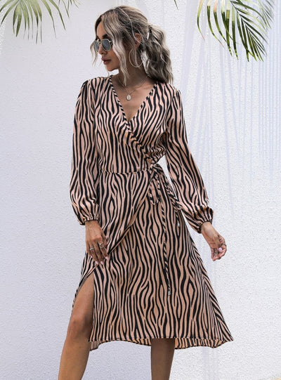 Zebra Lace-up Long Sleeve Dress