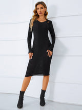 Solid Color Knitted Long Sleeve Dress