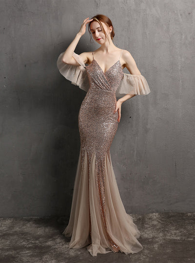 Tassel Mermaid Sequins Straps Prom Dress