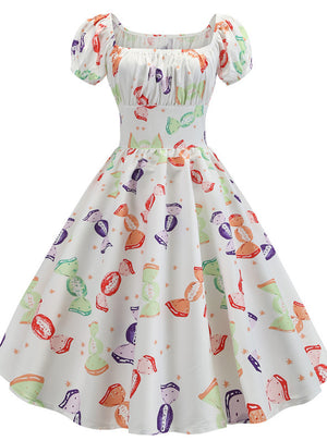 Summer Short Sleeve Square Collar Retro Print Dress