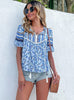 Printed bohemian Lace-up Short Sleeves Shirt