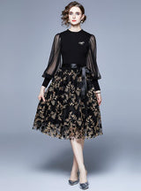 Embroidered Floral Bubble Sleeve Mesh Dress