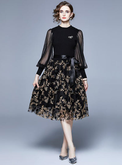 Embroidered Floral Bubble Sleeve Mesh Dress