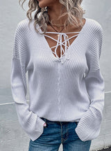 V-neck Lace-up Flared Sleeve Sweater