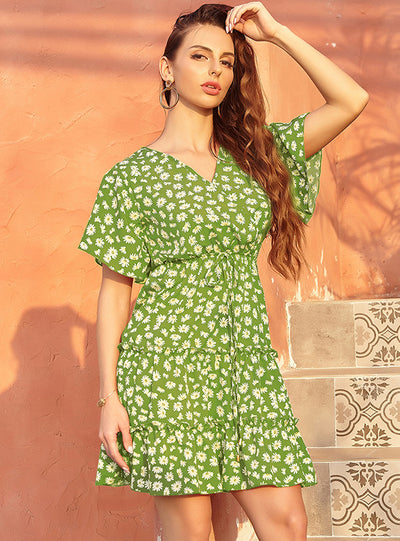 Floral V-neck Lace-up Casual Dress