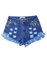 Punched High Waist Rivet Denim Shorts