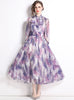 Bow Tie Collar Long Sleeve Waist Floral Chiffon Dress