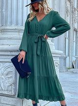 Long Sleeve V-neck Pleated Green Dress