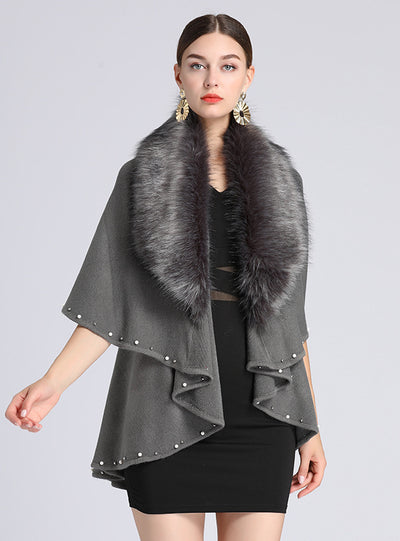 Pearl Imitation Fox Fur Collar Knitted Shawl Bucket